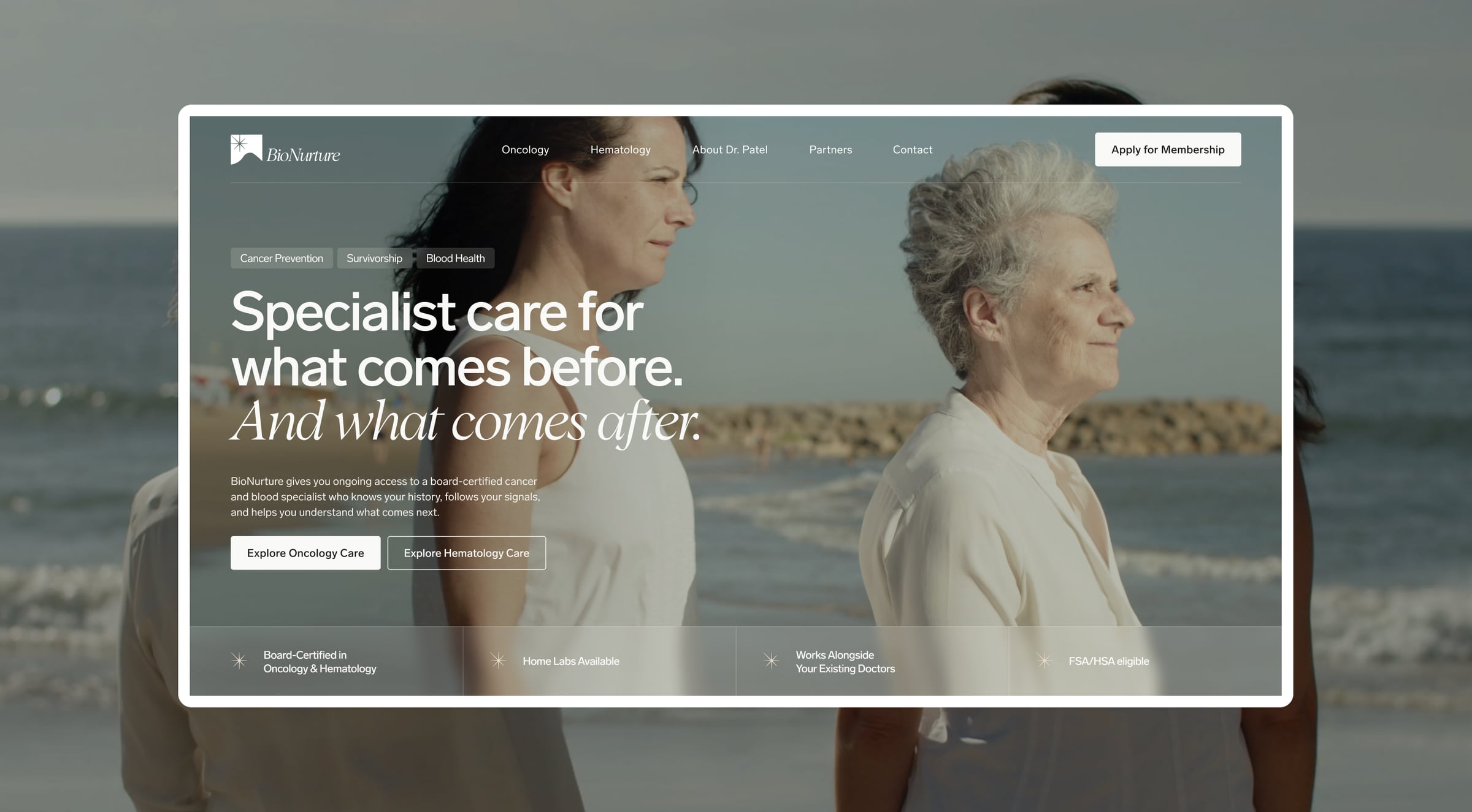 BioNurture website on a screen, with the mark and the homepage line Specialist care for what comes before.