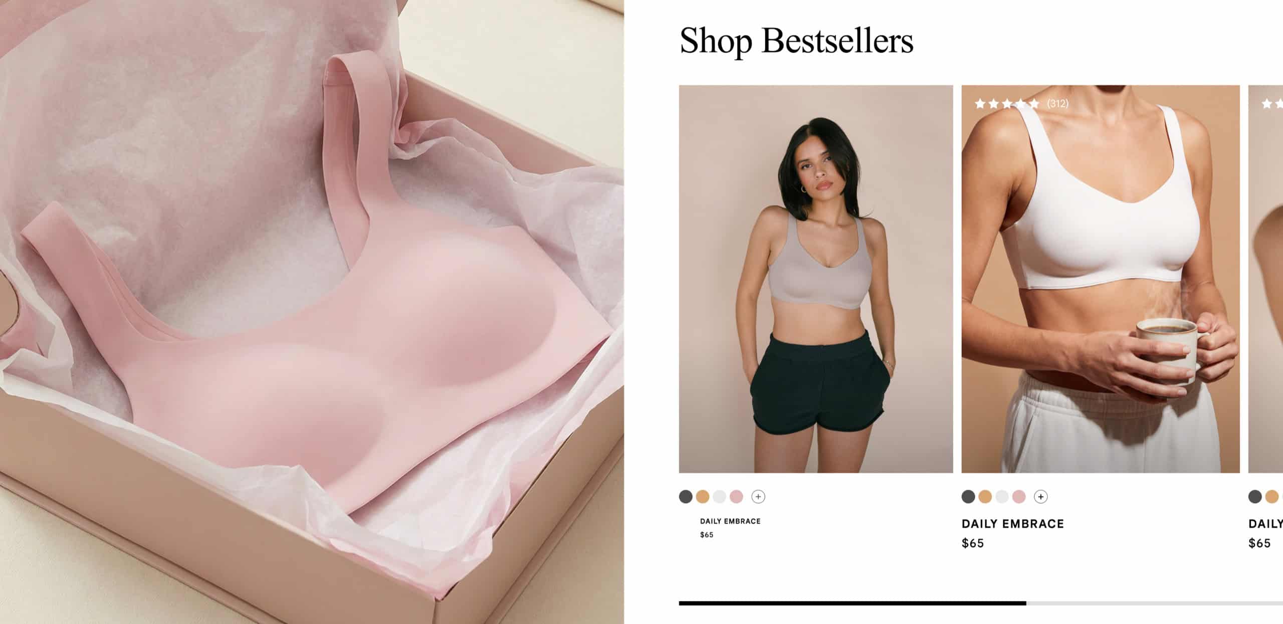 Huug unboxing shot of a pink bra in tissue paper beside the Shop Bestsellers product carousel