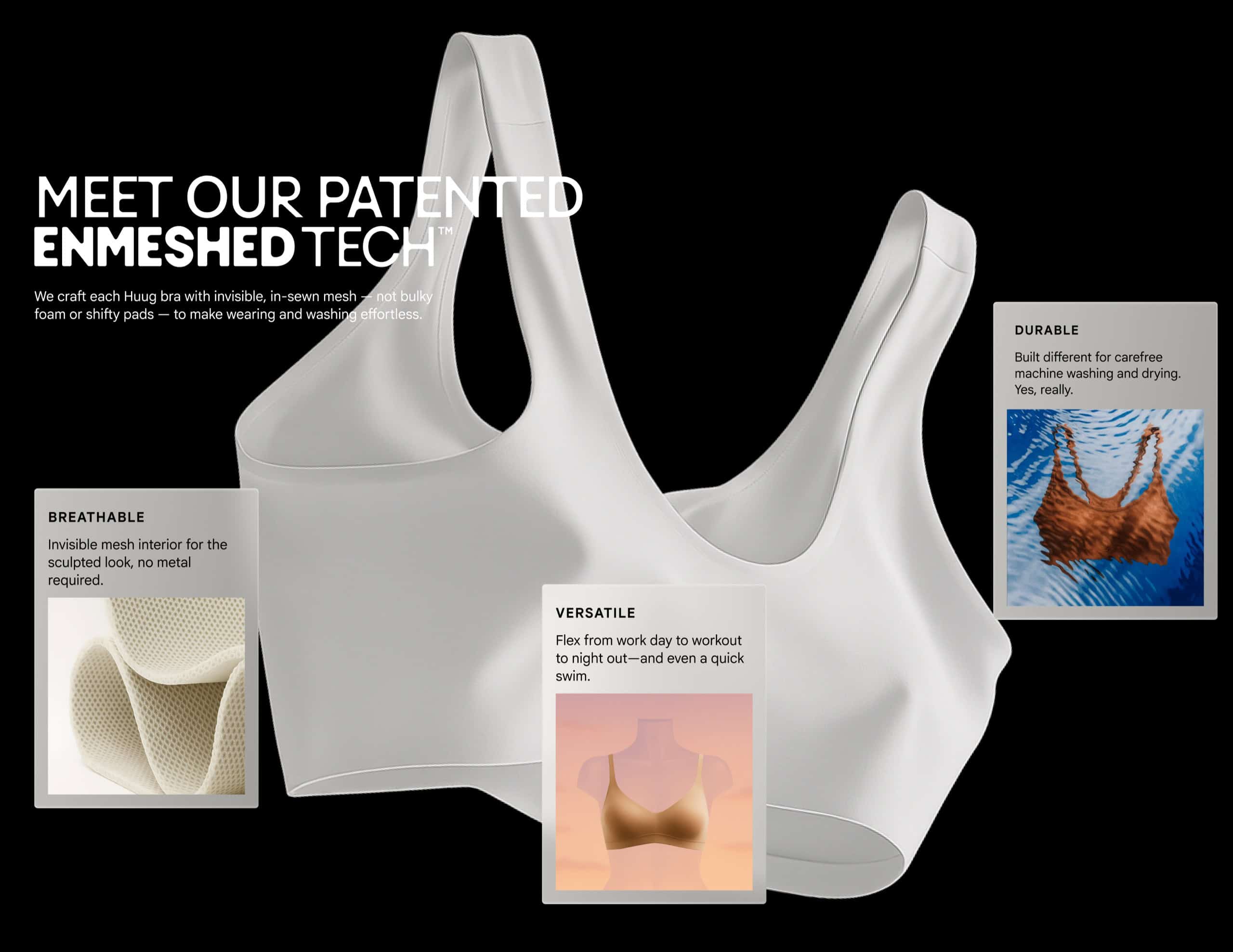 Huug EnMeshed Tech feature section with a white bra and Breathable, Versatile and Durable callout cards