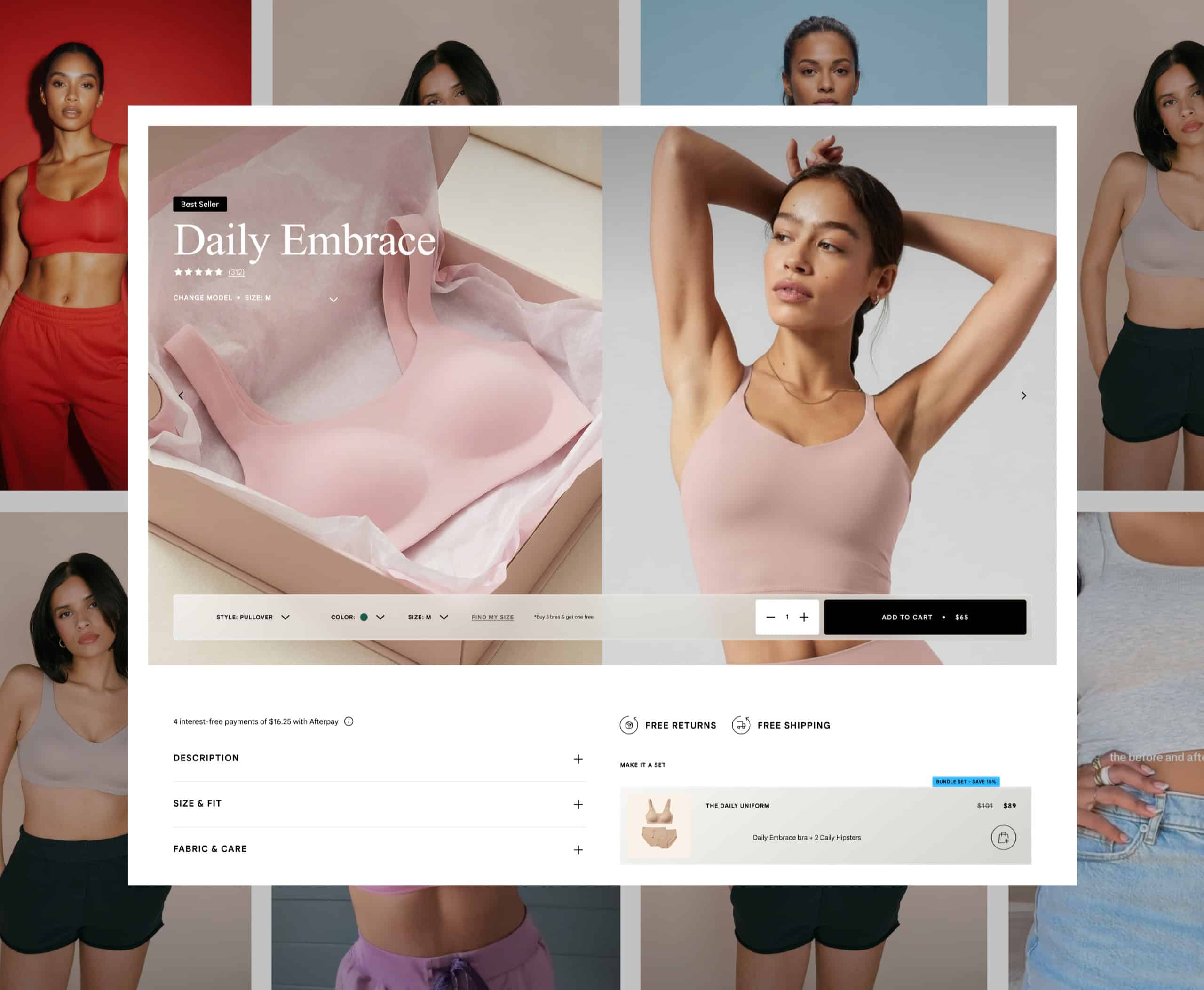 Huug Daily Embrace product page on desktop with gallery, size and color selectors, and add to cart