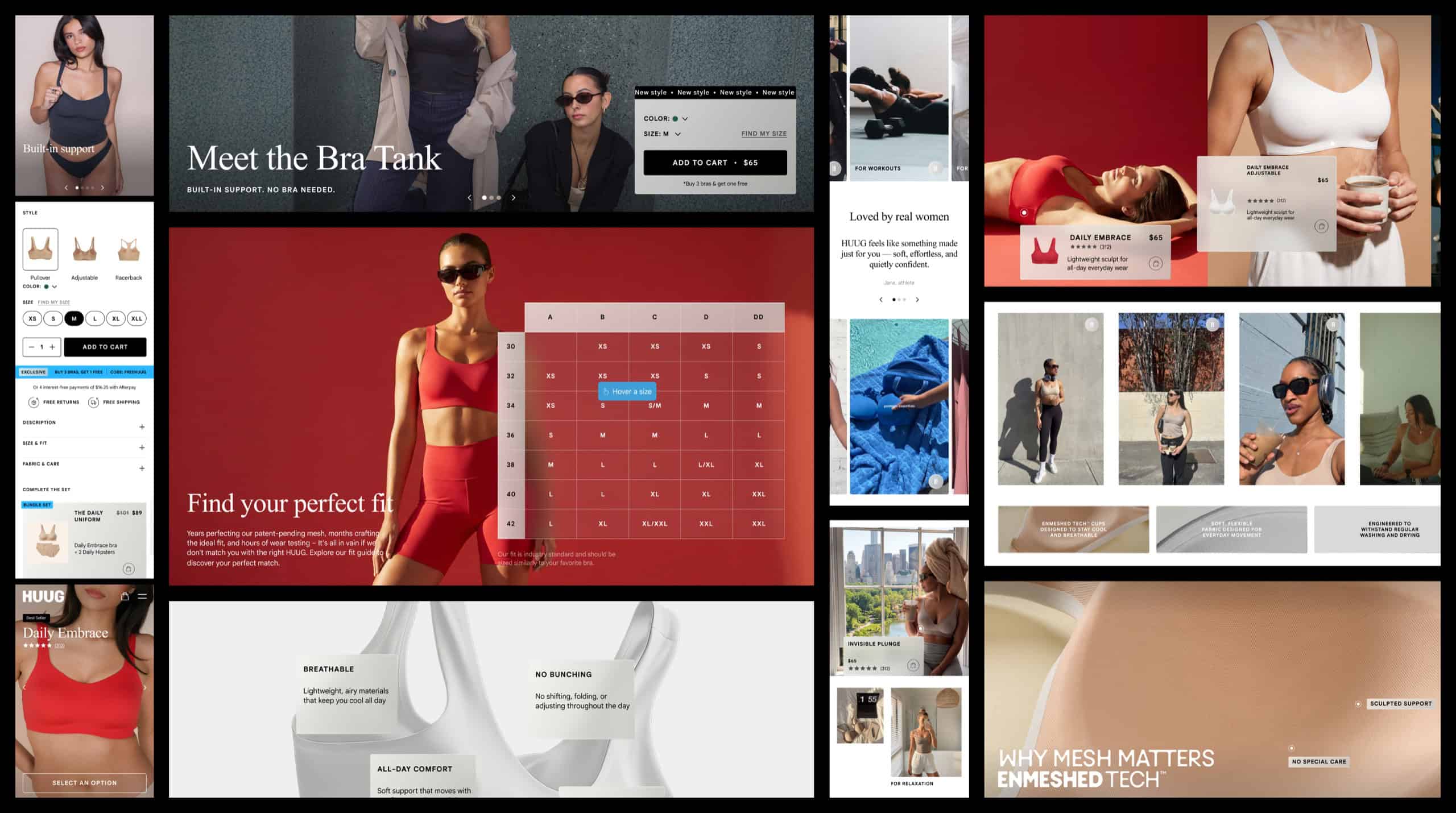 Collage of Huug Shopify pages including Meet the Bra Tank, a size finder and EnMeshed Tech content