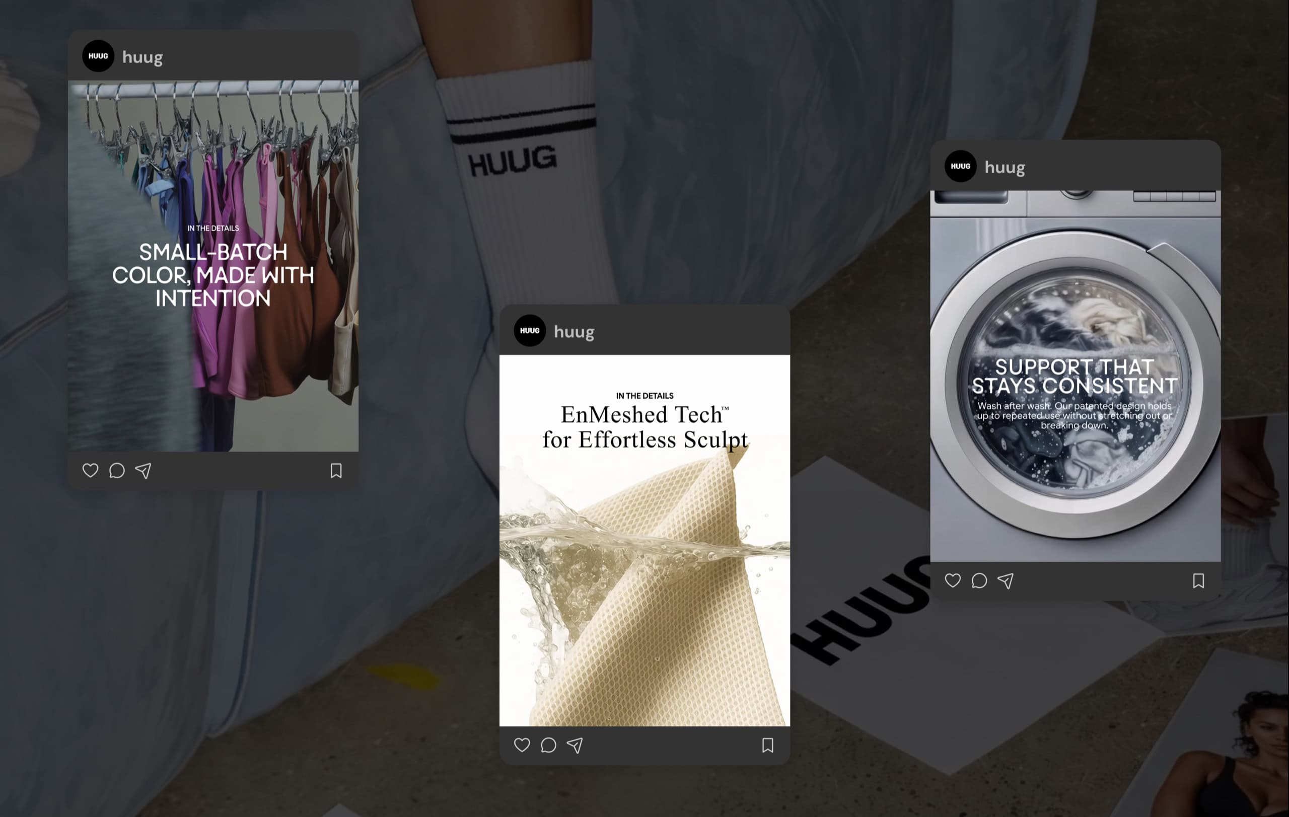 Huug Instagram posts on small-batch color, EnMeshed Tech sculpt, and support that stays consistent wash after wash