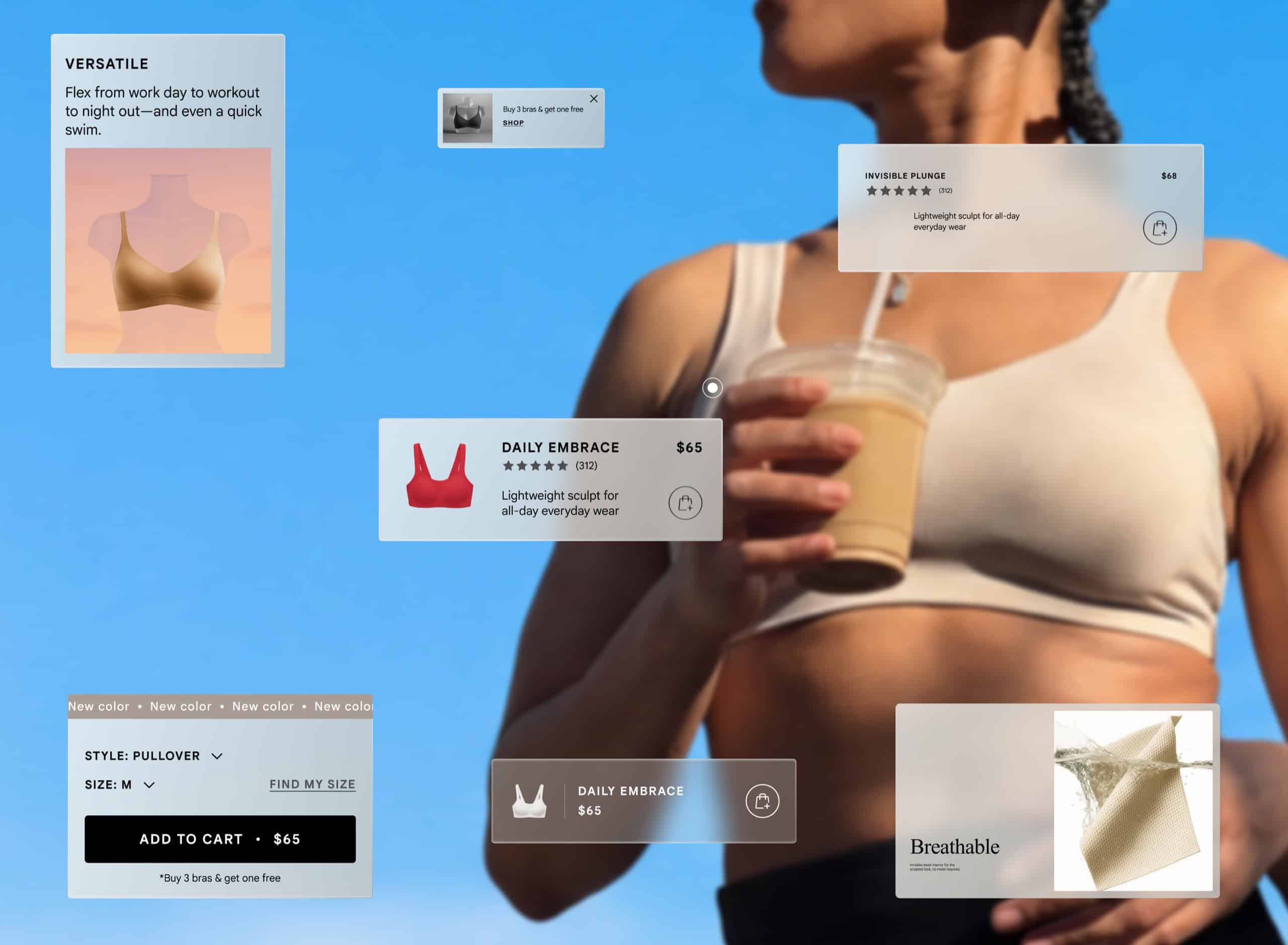 Huug UI components including a Versatile product card, Daily Embrace quick add, and a style selector
